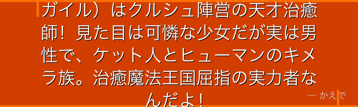 フェリス（本名フェリックス・アーガイル）はクルシュ陣営の天才治癒師！見た目は可憐な少女だが実は男性で、ケット人とヒューマンのキメラ族。治癒魔法王国屈指の実力者なんだよ！