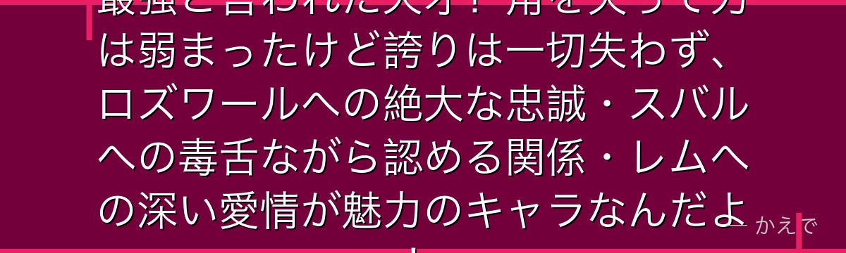 ラムはレムの双子の姉で、元・鬼族最強と言われた天才！角を失って力は弱まったけど誇りは一切失わず、ロズワールへの絶大な忠誠・スバルへの毒舌ながら認める関係・レムへの深い愛情が魅力のキャラなんだよ！
