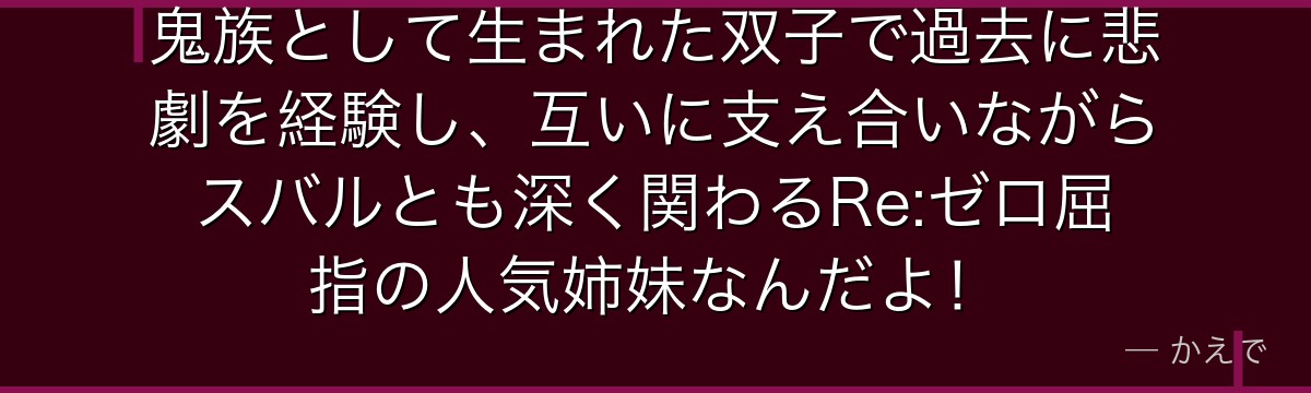 鬼族として生まれた双子で過去に悲劇を経験し、互いに支え合いながらスバルとも深く関わるRe:ゼロ屈指の人気姉妹なんだよ！