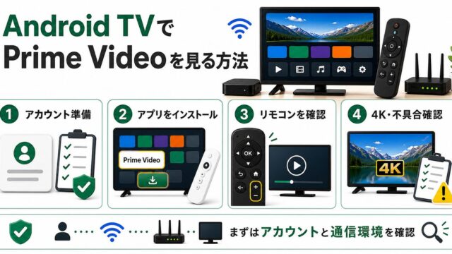Android TVでPrime Videoを見る方法とアカウント準備や高画質確認を示すアイキャッチ
