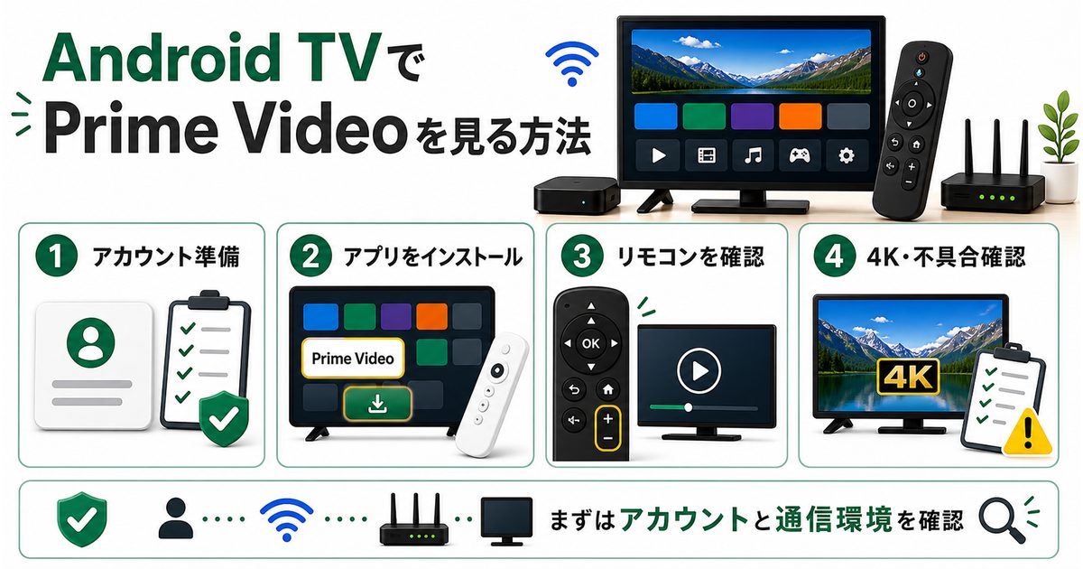 Android TVでPrime Videoを見る方法とアカウント準備や高画質確認を示すアイキャッチ