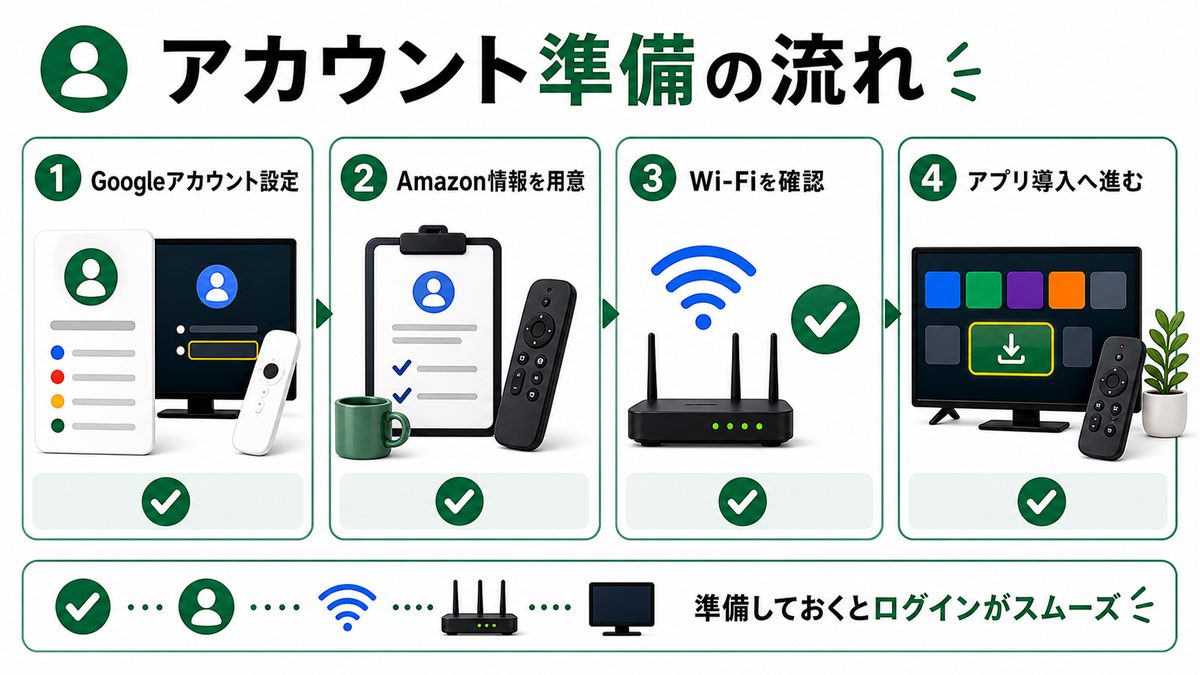Android TVでPrime Videoを見るためのGoogleアカウントとAmazonアカウント準備を示す図解
