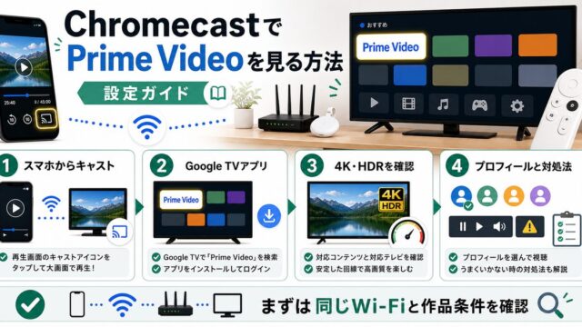 ChromecastでPrime Videoを見る方法とキャストや4K HDR確認を示すアイキャッチ