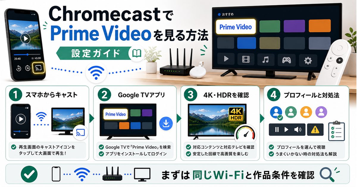 ChromecastでPrime Videoを見る方法とキャストや4K HDR確認を示すアイキャッチ