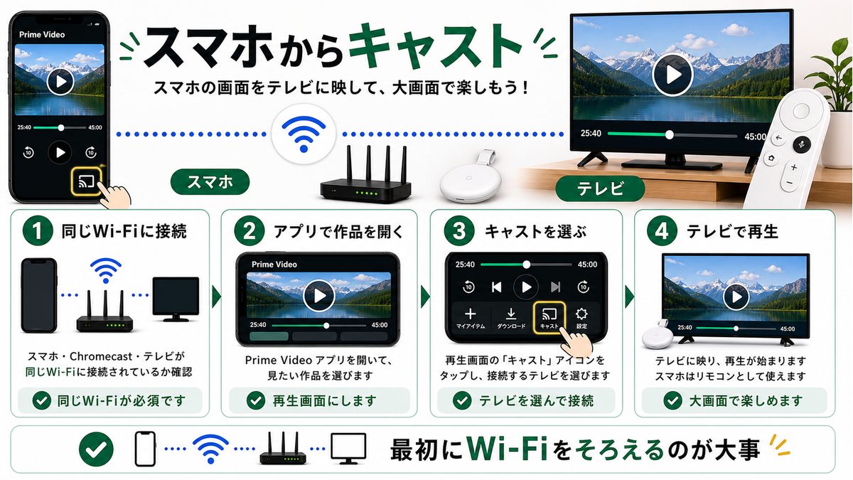 スマホからChromecastでPrime Videoをテレビへキャストする手順を示す図解