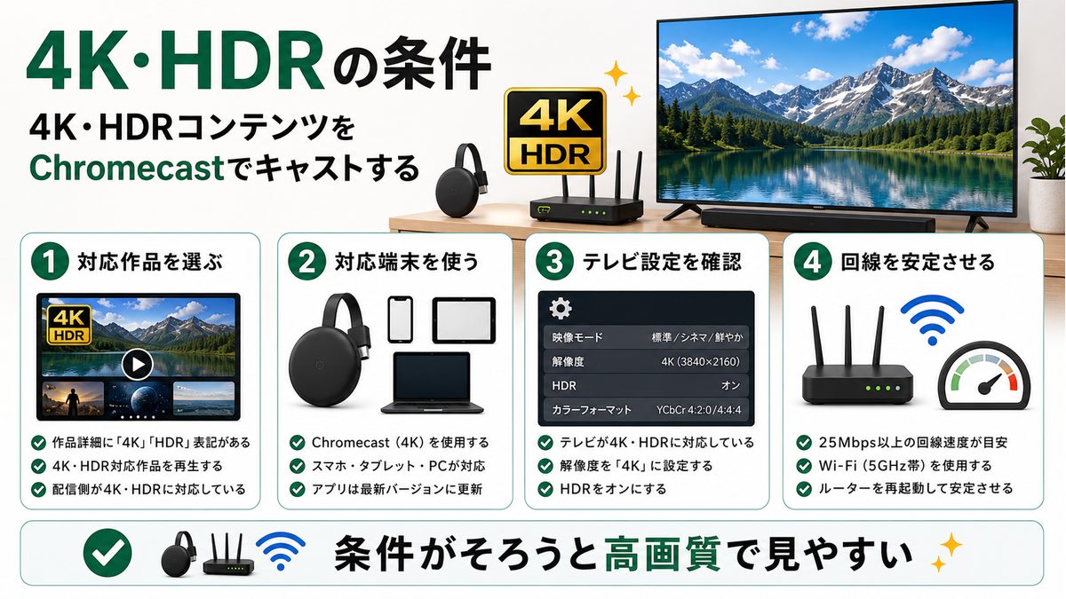 ChromecastでPrime Videoを4K HDR視聴するための作品や端末条件を示す図解