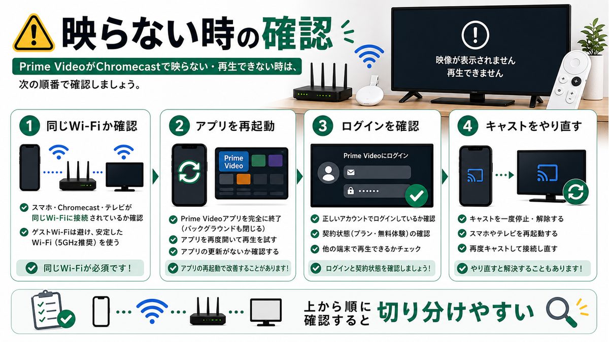 ChromecastでPrime Videoが映らない時の確認順を示すトラブル対処図解