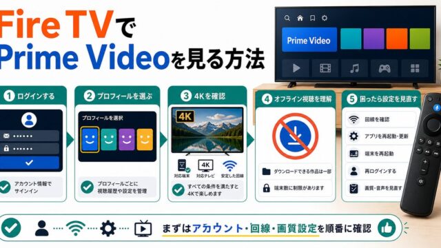 Fire TVでAmazon Prime Videoを見る方法とプロフィールや4K確認を示すアイキャッチ