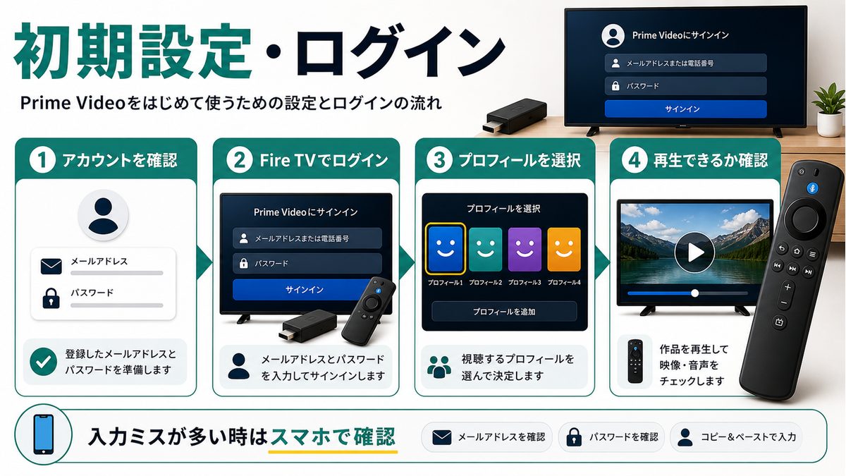 Fire TVでPrime Videoにログインしてプロフィールを選ぶ手順を示す図解