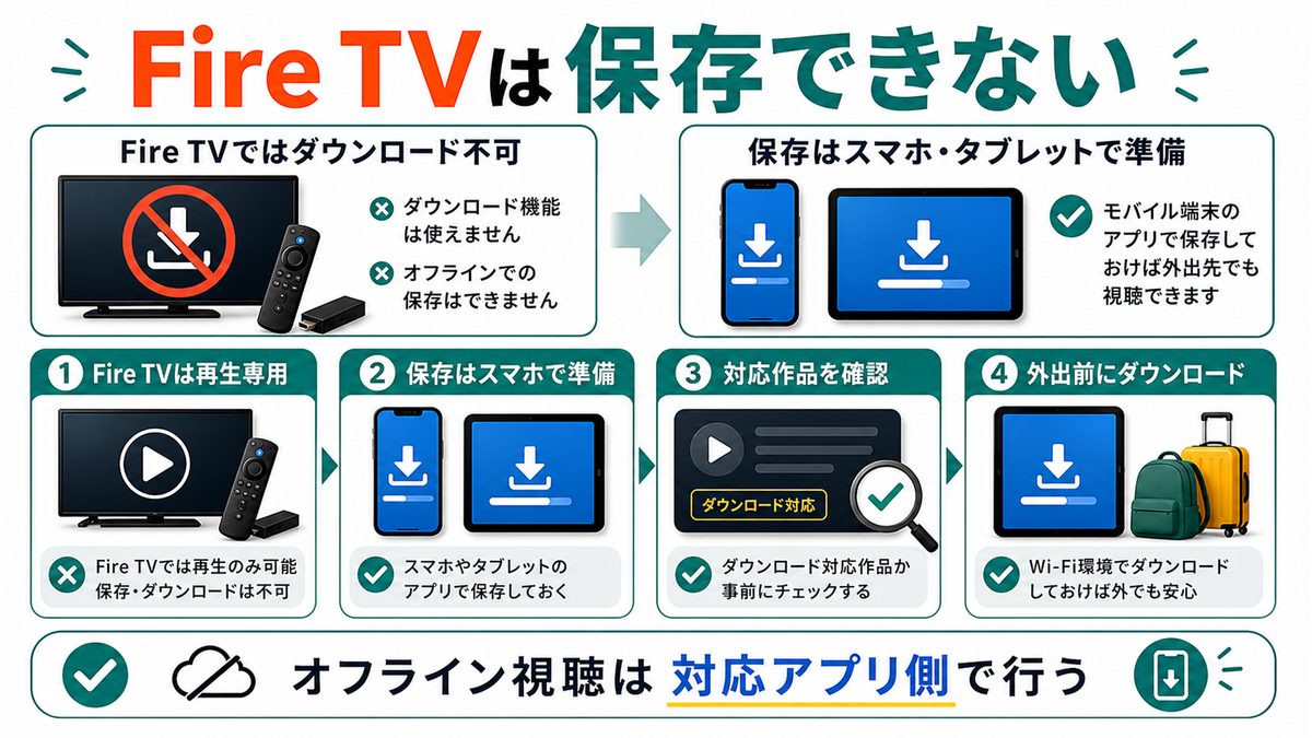 Fire TVではPrime Videoをダウンロード保存できずスマホやタブレットで準備する流れを示す図解