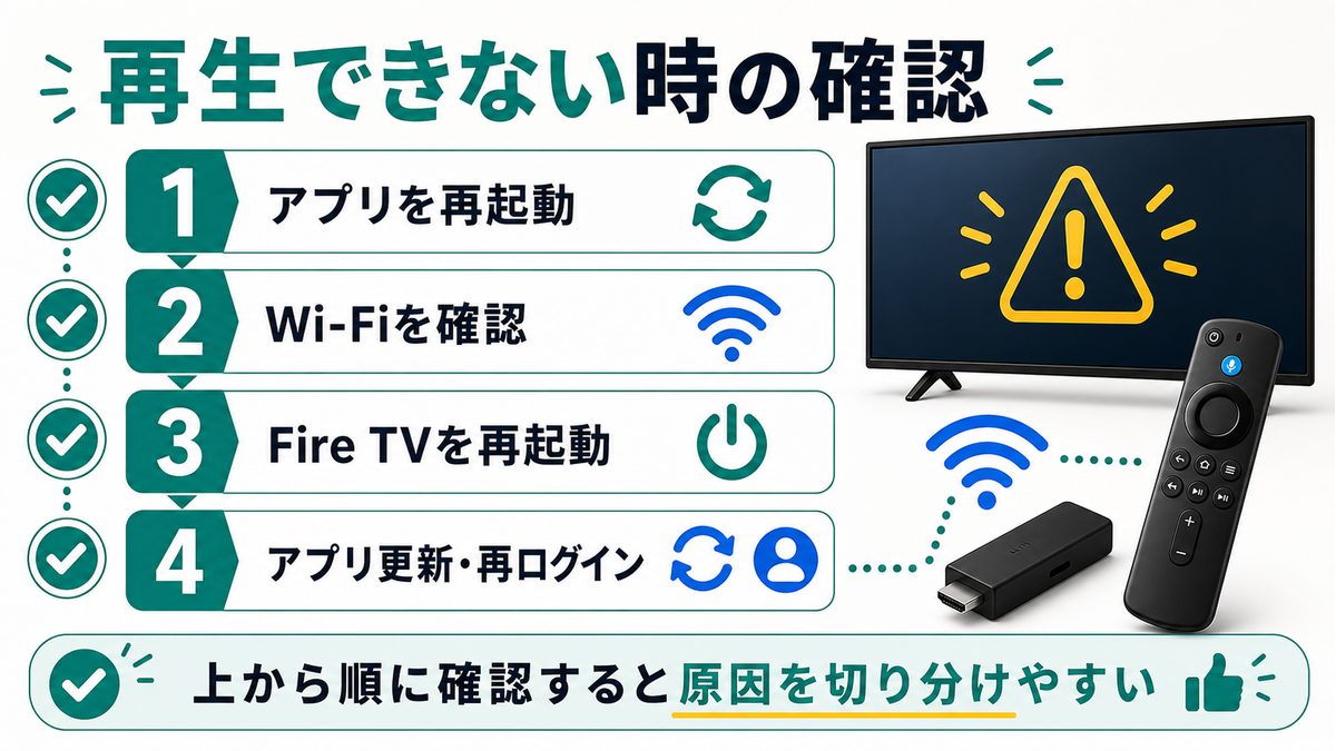 Fire TVでPrime Videoが再生できない時の確認順を示すトラブル対処図解