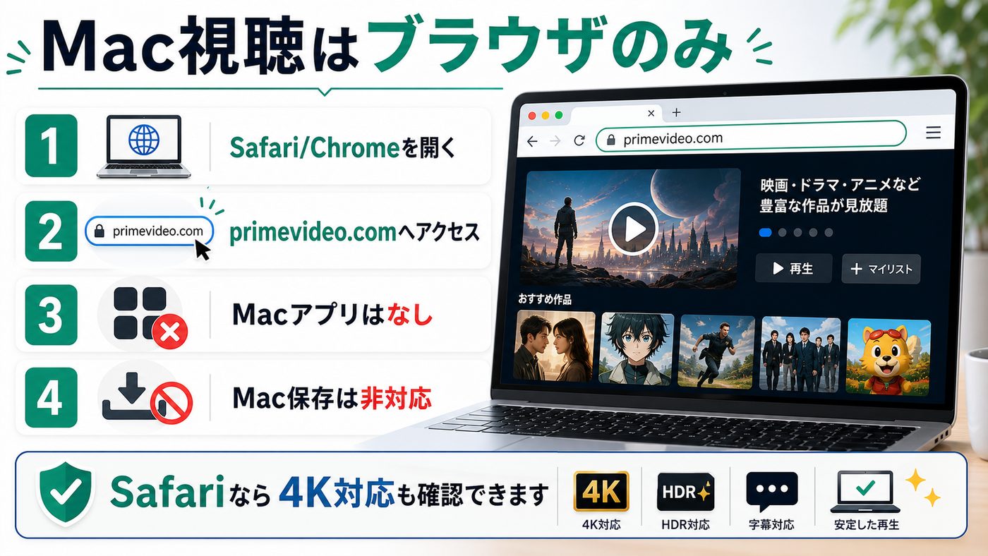 MacでAmazon Prime Videoをブラウザ視聴する方法とMacアプリ非対応を示す図解