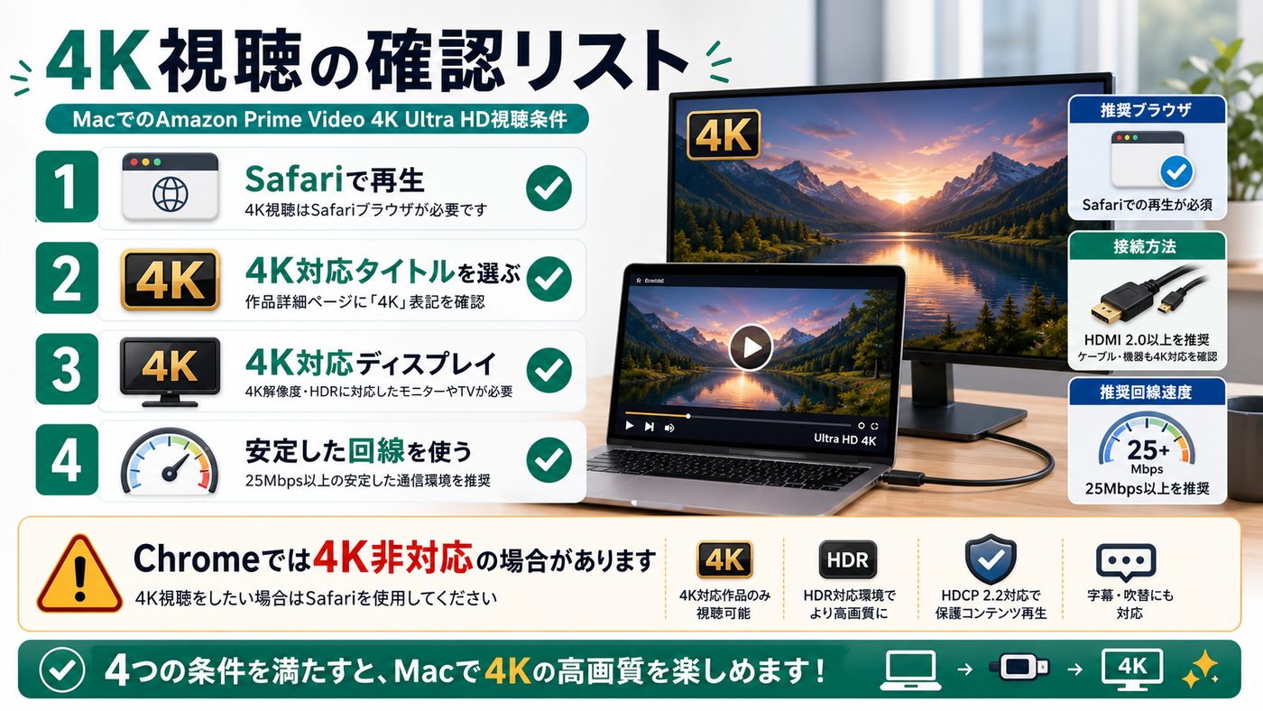 MacでAmazon Prime Videoを4K視聴するためのSafariや4K対応タイトルなどの条件を示す図解