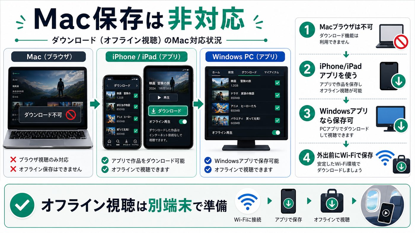Amazon Prime VideoのMac保存非対応とスマホやWindowsアプリでの保存方法を示す図解