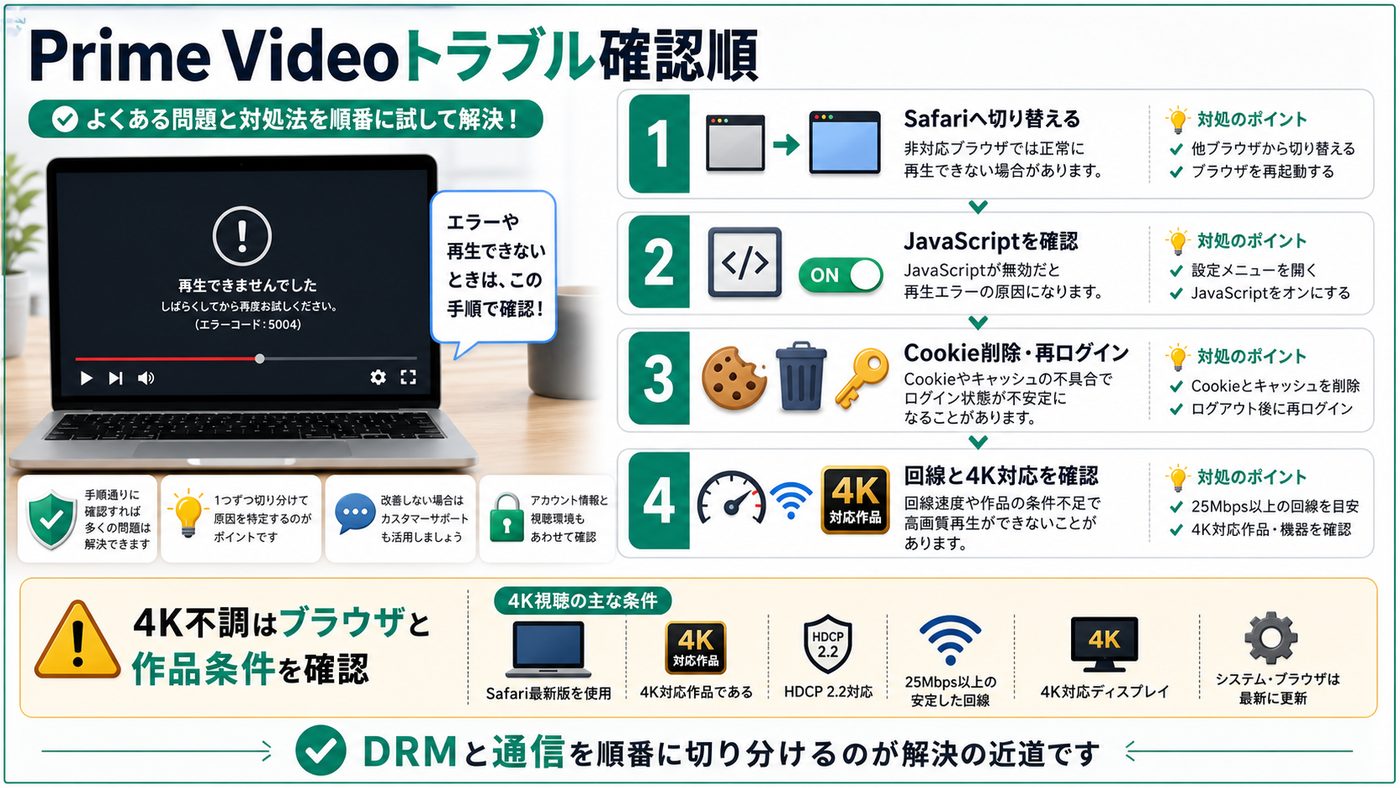MacでAmazon Prime Videoが再生できない時や4Kにならない時の確認順を示す図解
