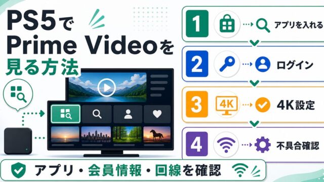 PS5でAmazon Prime Videoを見る方法とアプリ導入や4K設定を示すアイキャッチ
