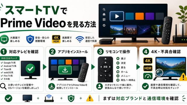 スマートTVでPrime Videoを見る方法と対応テレビ確認や4K視聴を示すアイキャッチ