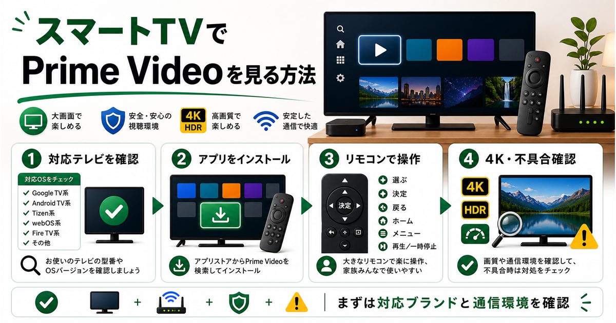 スマートTVでPrime Videoを見る方法と対応テレビ確認や4K視聴を示すアイキャッチ