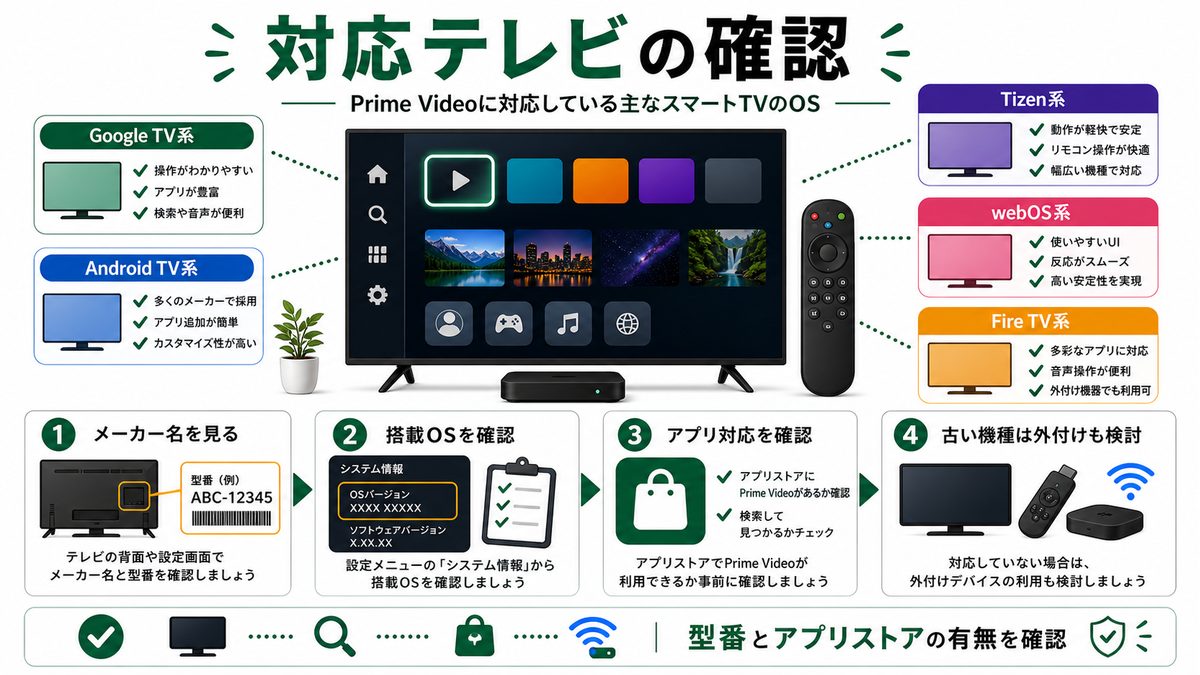 Prime Video対応スマートTVのメーカーや搭載OSを確認する図解
