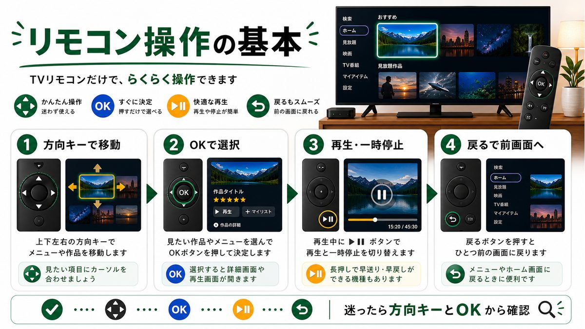 スマートTVリモコンでPrime Videoを操作する基本ボタンを示す図解