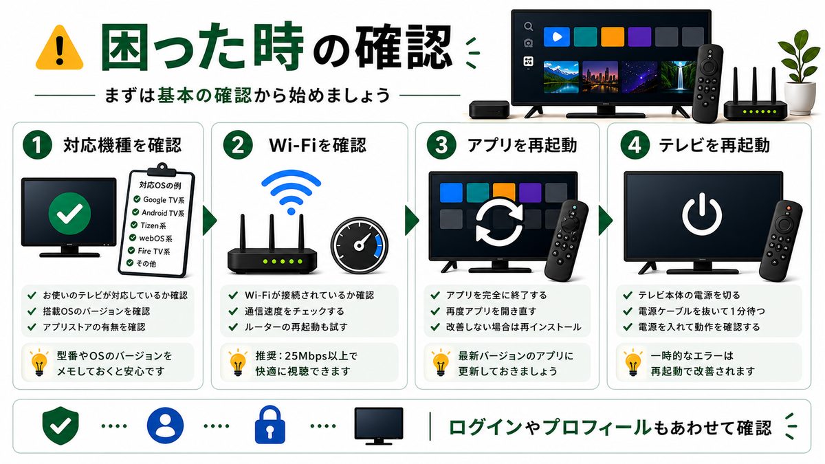 スマートTVでPrime Videoがうまく動かない時の確認順を示すトラブル対処図解