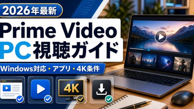 PCでAmazon Prime Videoを見る方法とWindowsアプリ・4K条件を示すアイキャッチ