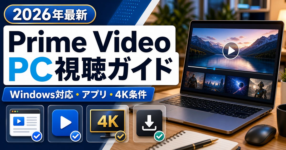 PCでAmazon Prime Videoを見る方法とWindowsアプリ・4K条件を示すアイキャッチ