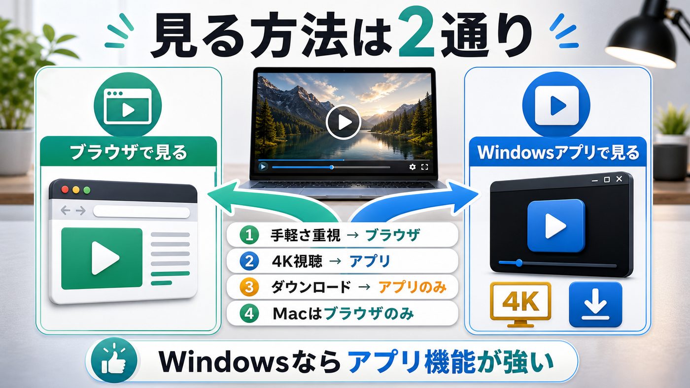WindowsでAmazon Prime Videoを見る方法をブラウザ視聴とWindowsアプリ視聴で比較した図解