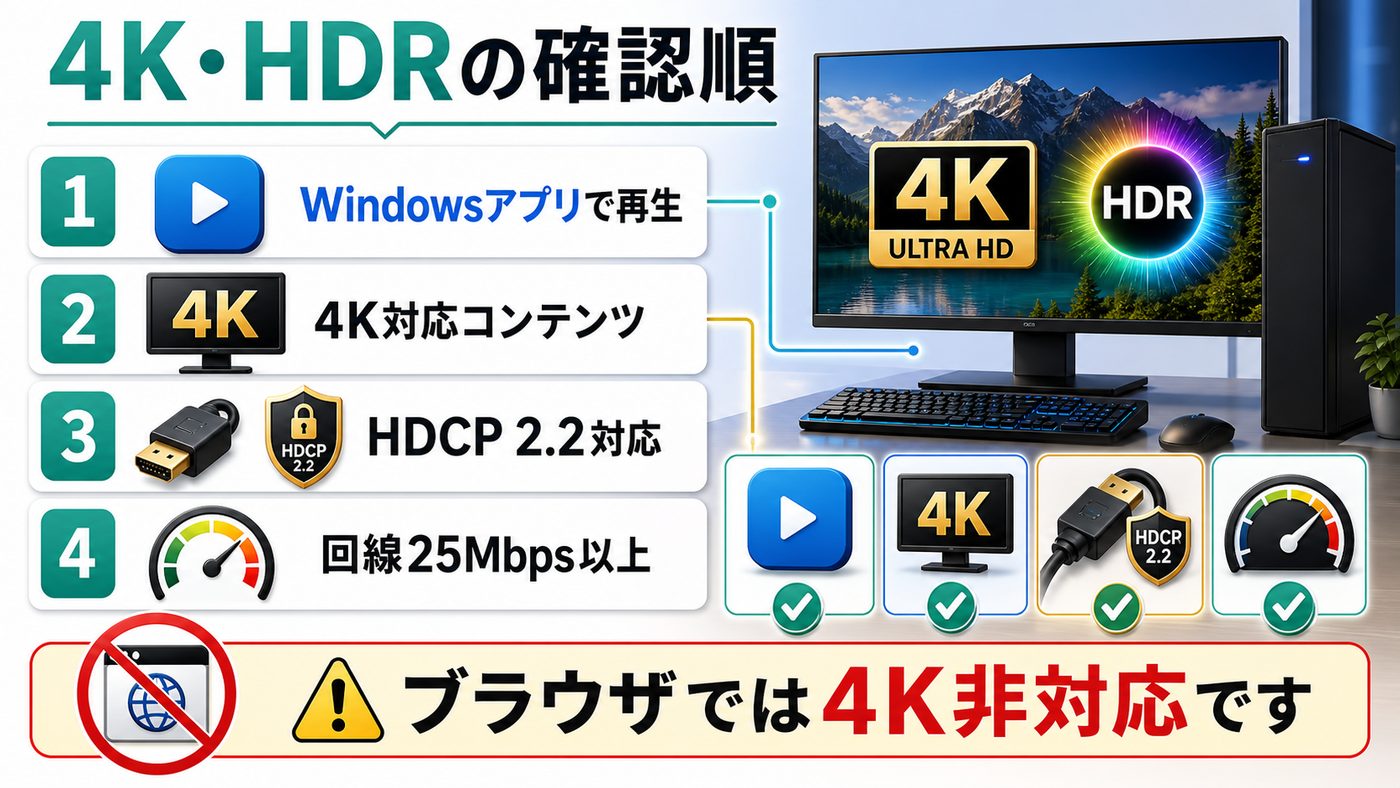 PCでAmazon Prime Videoを4K・HDR視聴するためのアプリ・4Kコンテンツ・HDCP・回線条件の図解