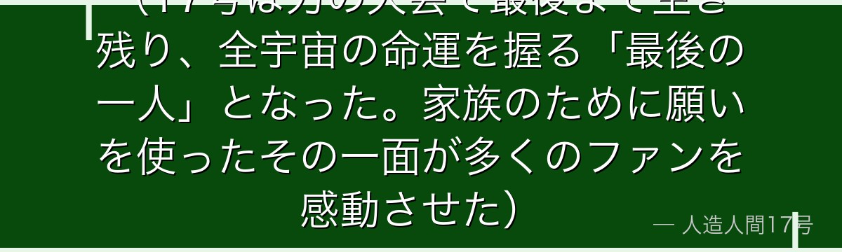 （17号は力の大会で最後まで生き残り、全宇宙の命運を握る「最後の一人」となった。家族のために願いを使ったその一面が多くのファンを感動させた）
