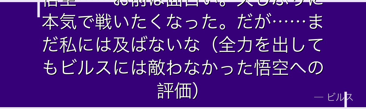 悟空……お前は面白い。久しぶりに本気で戦いたくなった。だが……まだ私には及ばないな（全力を出してもビルスには敵わなかった悟空への評価）