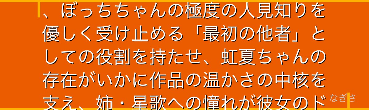 虹夏ちゃんを深掘りすると、ぼっち・ざ・ろっくが「面倒見の良い元気な少女」をリーダーに据えることで、ぼっちちゃんの極度の人見知りを優しく受け止める「最初の他者」としての役割を持たせ、虹夏ちゃんの存在がいかに作品の温かさの中核を支え、姉・星歌への憧れが彼女のドラム魂をいかに深めているかが伝わってくるんだよね