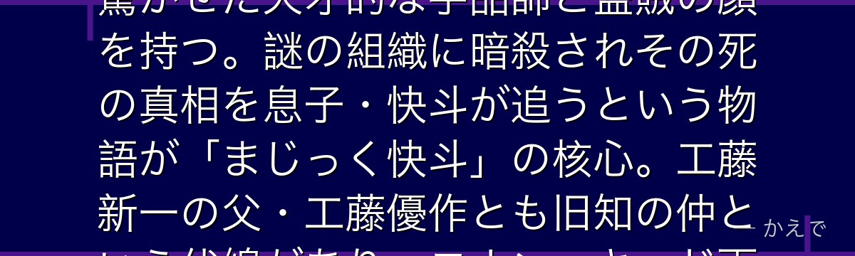黒羽盗一は初代怪盗キッドにして伝説のマジシャン!現在の怪盗キッド・黒羽快斗の父親で、かつて世界を驚かせた天才的な手品師と盗賊の顔を持つ。謎の組織に暗殺されその死の真相を息子・快斗が追うという物語が「まじっく快斗」の核心。工藤新一の父・工藤優作とも旧知の仲という伏線があり、コナン・キッド両シリーズをつなぐ重要人物なんだよ!