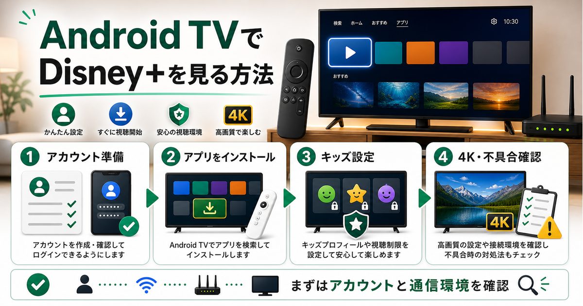 Android TVでDisney+を見る方法とキッズ設定や高画質確認を示すアイキャッチ