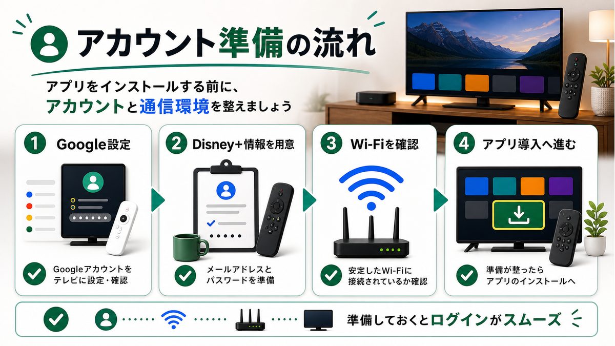 Android TVでDisney+を見る前のGoogleアカウントとDisney+アカウント準備を示す図解