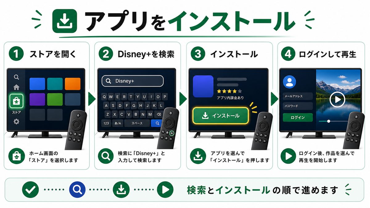 Android TVでDisney+アプリを検索してインストールする手順を示す図解