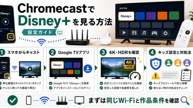 ChromecastでDisney+を見る方法とキャストや高画質条件を示すアイキャッチ