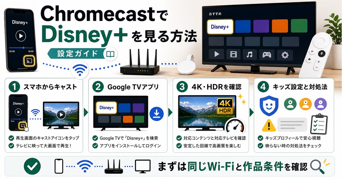 ChromecastでDisney+を見る方法とキャストや高画質条件を示すアイキャッチ
