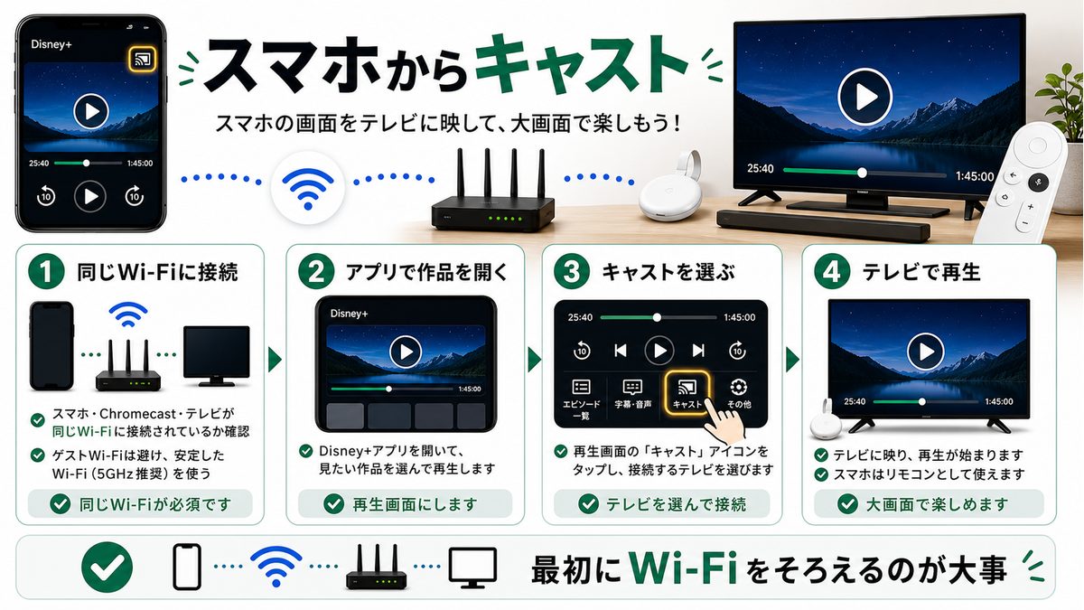 スマホからChromecastでDisney+をテレビへキャストする手順を示す図解