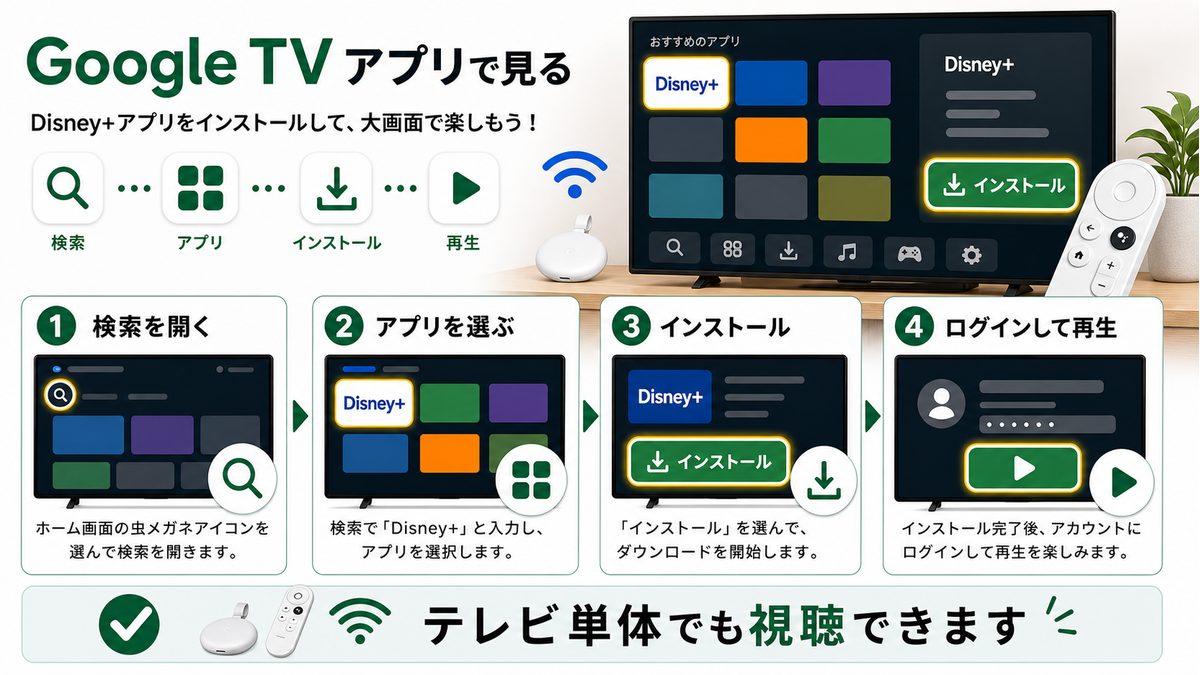 Google TV搭載ChromecastにDisney+アプリをインストールする手順を示す図解