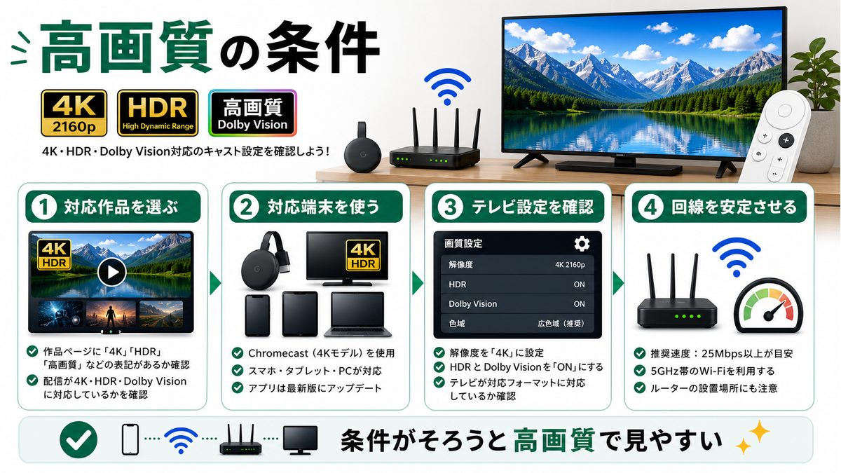 ChromecastでDisney+を4K HDR Dolby Vision視聴するための条件を示す図解