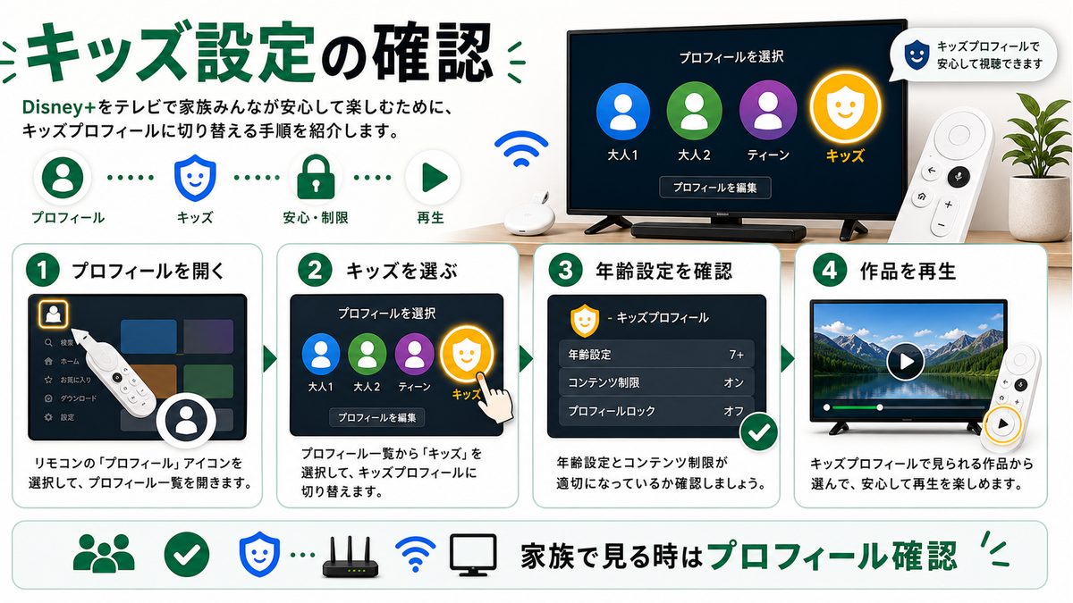 Disney+のキッズプロフィールをテレビ画面で切り替える手順を示す図解