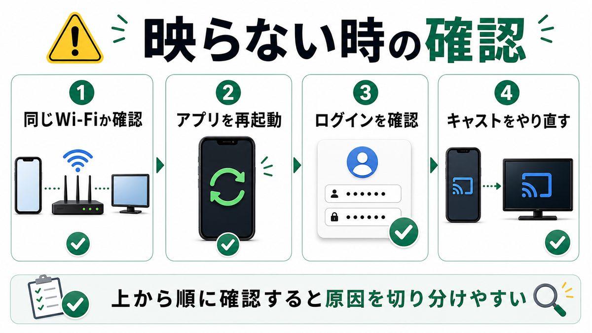 ChromecastでDisney+が映らない時の確認順を示すトラブル対処図解