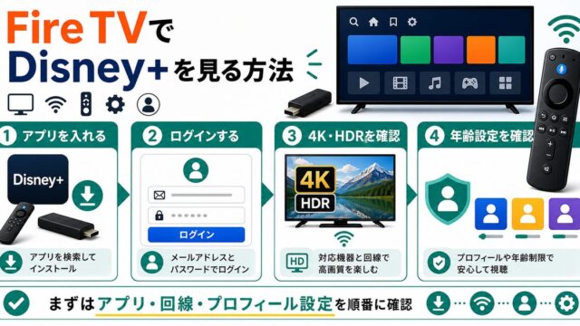 Fire TVでDisney+を見る方法と4K HDRや年齢設定を示すアイキャッチ
