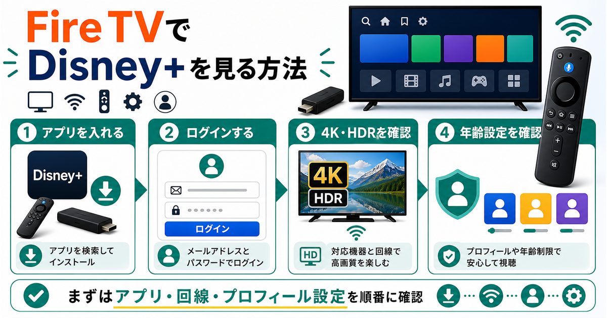 Fire TVでDisney+を見る方法と4K HDRや年齢設定を示すアイキャッチ