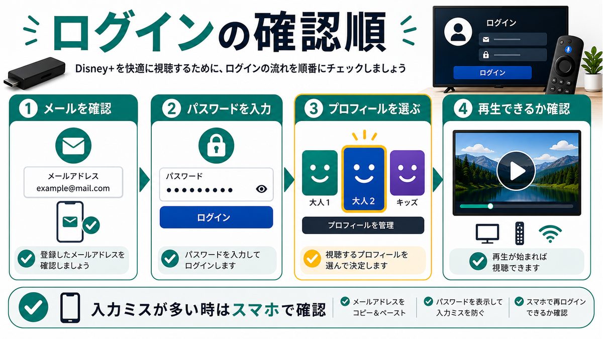 Fire TVでDisney+にログインしてプロフィールを選ぶ手順を示す図解