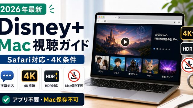 MacでDisney+を見る方法とSafariの4K条件を示すアイキャッチ