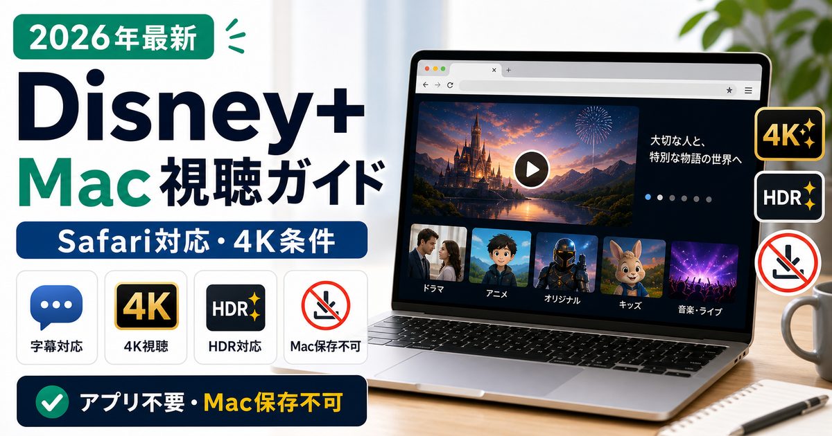 MacでDisney+を見る方法とSafariの4K条件を示すアイキャッチ