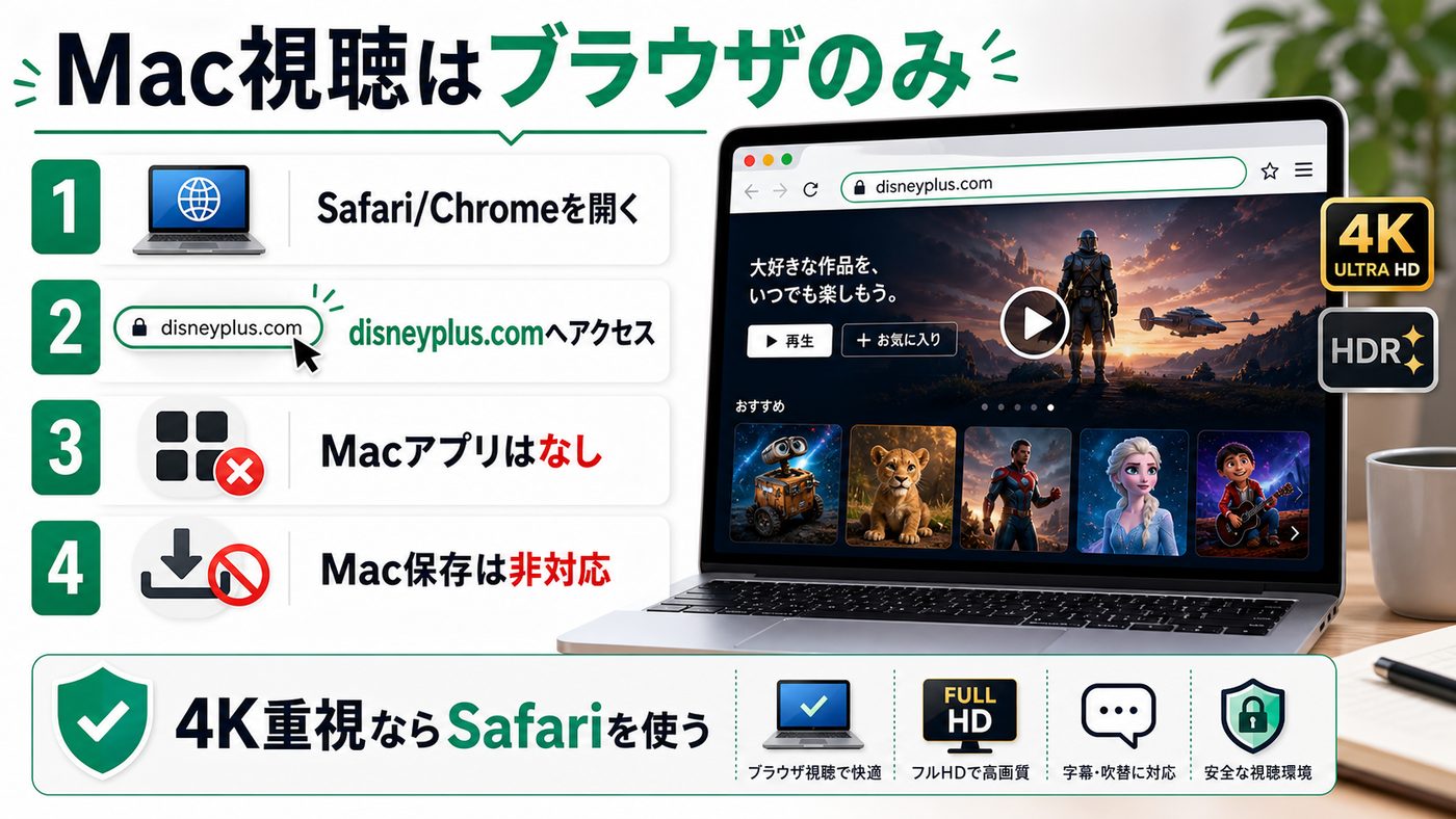 MacでDisney+をブラウザ視聴する方法とMacアプリ非対応を示す図解