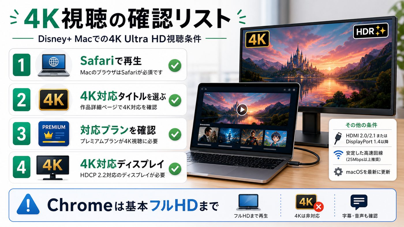 MacでDisney+を4K視聴するためのSafariや対応タイトルなどの条件を示す図解